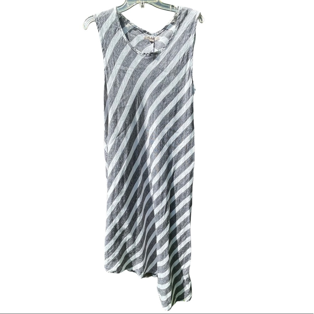 Flax Linen Dress Grey/White Striped Medium Asymmetrical - Picture 1 of 3